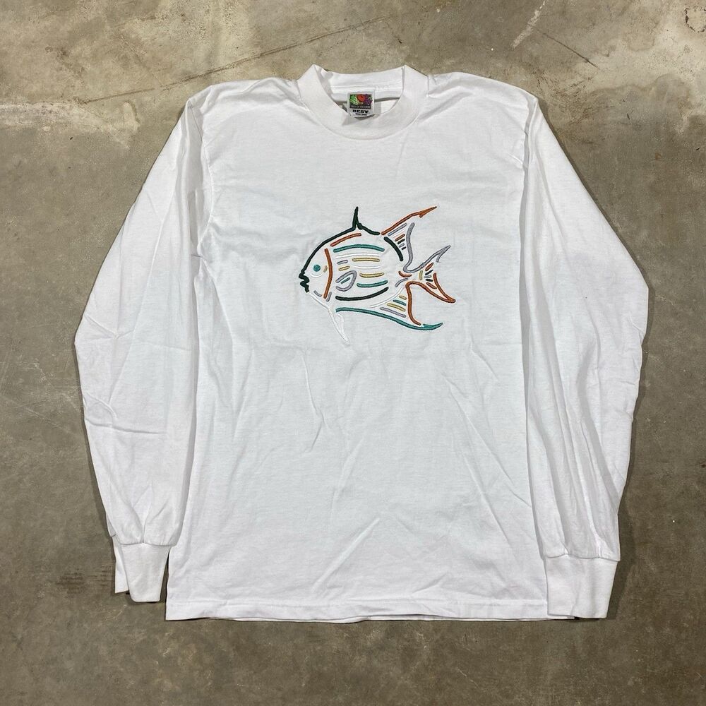 VTG 90s Fish Embroidered Shirt Fruit of the Loom Best USA White Long Sleeve M